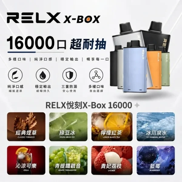 RELX 悅刻 X-BOX 16000口 換彈拋棄式電子煙套裝｜12W-16W雙段功率調節 Mesh網狀芯 3%丁鹽，台灣現貨正品快速出貨