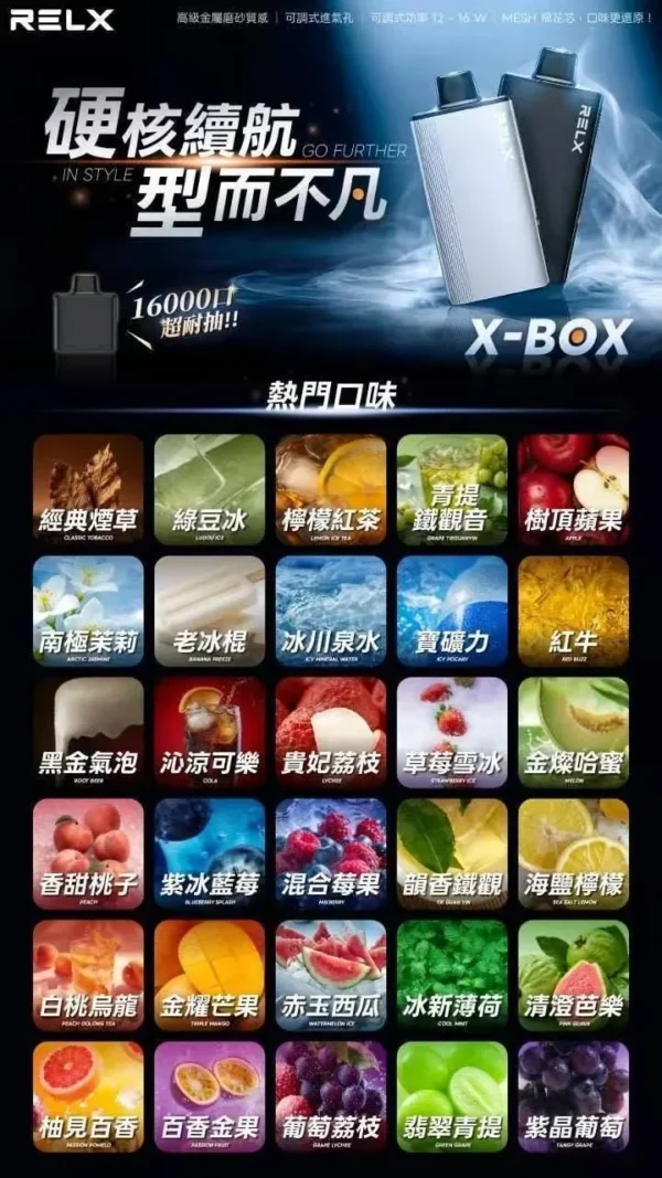 RELX 悅刻 X-BOX 16000口 換彈拋棄式電子煙套裝｜12W-16W雙段功率調節 Mesh網狀芯 3%丁鹽，台灣現貨正品快速出貨